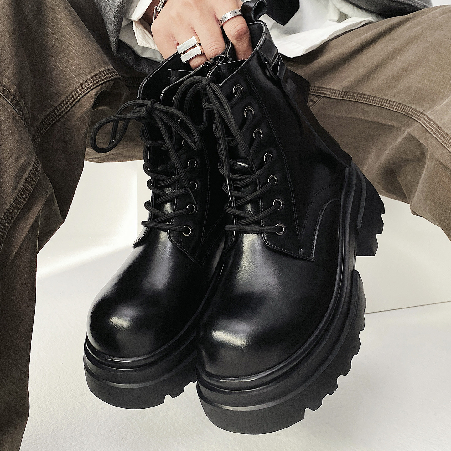 XZ110-251529#厚底马丁靴男春秋增高系带短靴黑色机车靴P130,男装工装外套,星座110