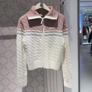 25春新款 开衫 女装 休闲格纹编织衫 毛衣F11W519401 时尚 斐乐fila正品