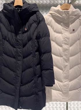 FILA斐乐女款2025冬新款商务运动中长款连帽保暖羽绒服F11W341910