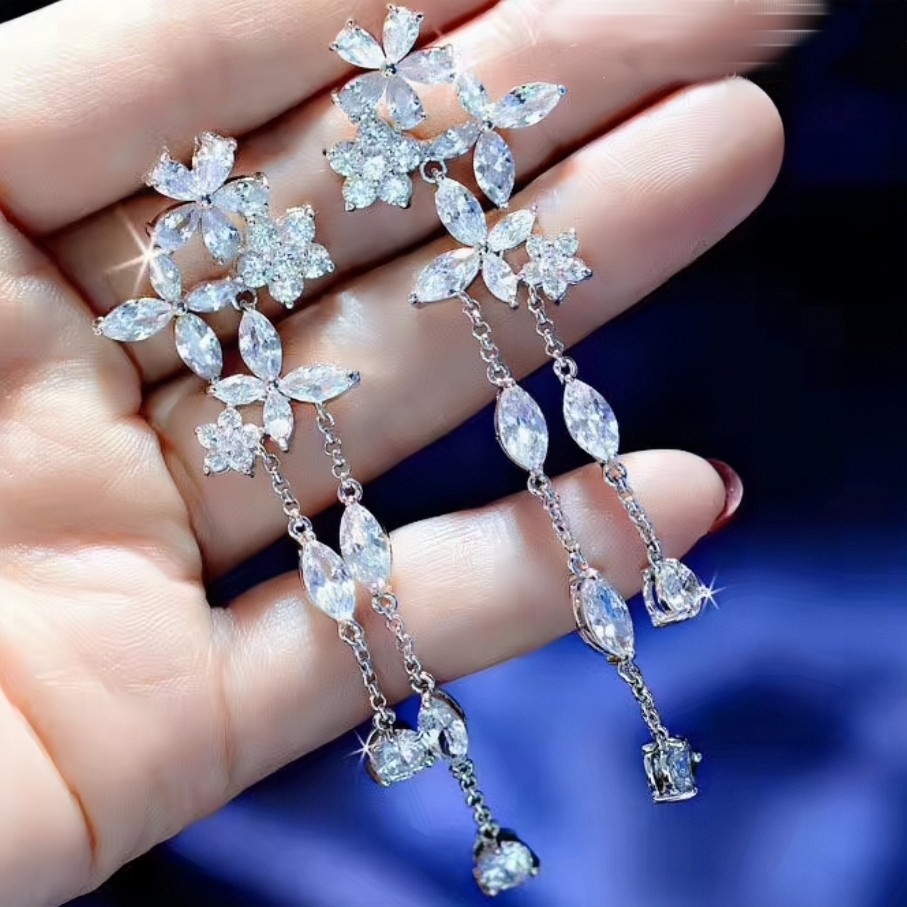 S925银针微镶锆石花朵流苏耳环女轻奢高级感气质长款耳坠耳饰耳钉