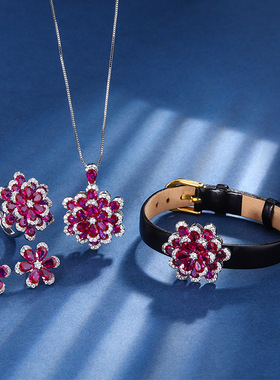 法式轻奢仿真红刚玉永生花高级轻奢三件套装女士手腕吊坠戒指耳钉