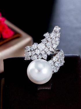 法式复古宫廷风夸张珍珠戒指女轻奢高级感锆石镶嵌网红款开口指环