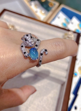 法式复古重工微镶锆石豹子戒指时尚个性精致天然玉石轻奢气质食指