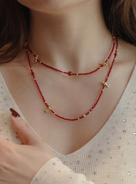 新中式多层叠戴彩色颈链天然玛瑙虎眼石项链春夏少女ins风高级感