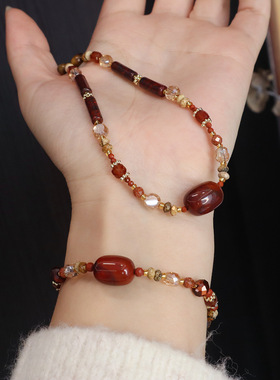 天然石项链红石轻奢小众串珠复古高级感秋冬毛衣链锁骨链女手链
