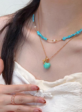 屁桃绿松石水贝黄金同款叠戴项链女锁骨链轻奢时尚小众高级感颈链