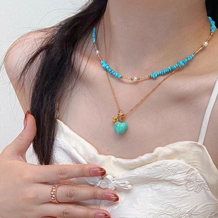 屁桃绿松石水贝黄金同款叠戴项链女锁骨链轻奢时尚小众高级感颈链