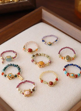 天然石指环食指戒饰品国风手工串珠弹力女戒指批发天然石中古复古