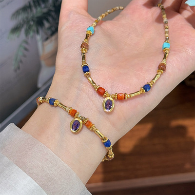 法式轻奢时尚复古百搭青金石金沙石锆石串珠项链小众高级感锁骨链