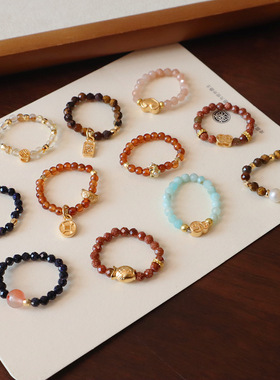 新款天然石戒指虎眼石蓝沙石发晶戒指新中式设计串珠弹力绳水晶