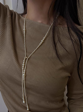 欧美秋冬新款渐变设计感珍珠毛衣链长款项链配饰女轻奢小众高级感