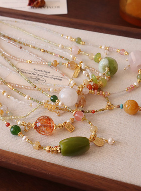 新中式天然水晶锁骨链春夏彩色项链氛围感淡水珍珠项链轻奢女礼物
