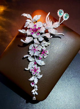 法式轻奢重工镶大克拉超闪锆石飞鸟花枝胸针长款花朵时尚高档胸花