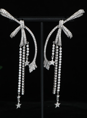 s925银针镶锆石蝴蝶结流苏耳环欧美轻奢长款耳坠个性夸张大气重工