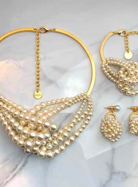 法式复古时尚经典珍珠耳环项链气质百搭耳钉女珍珠个性锁骨链套装