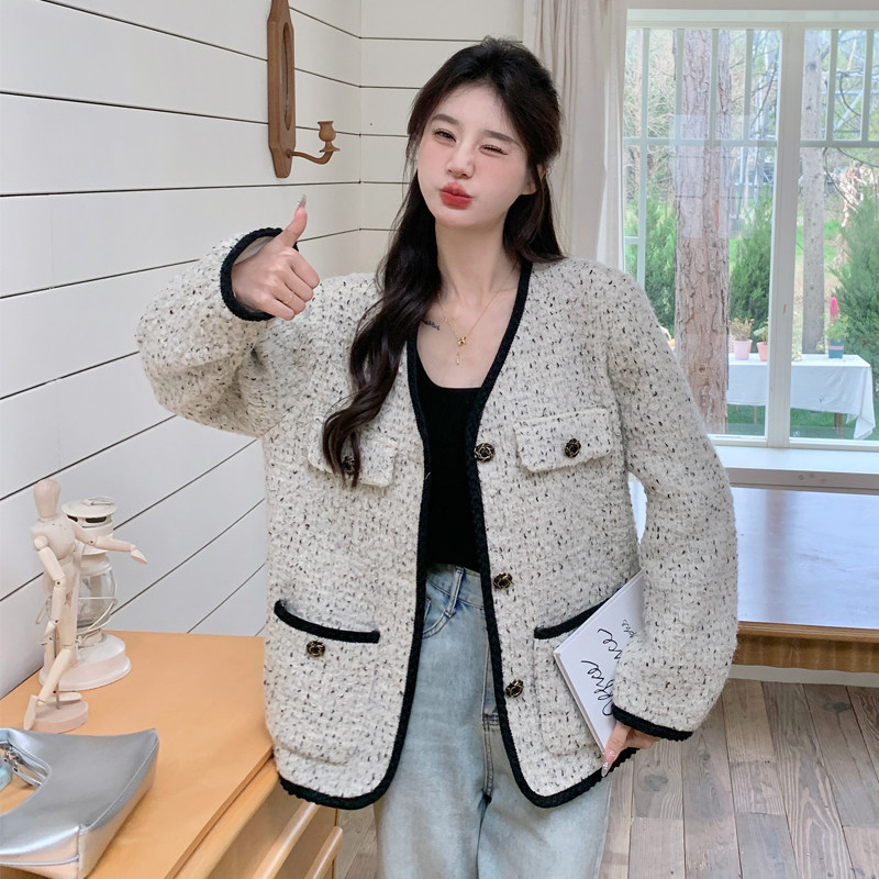 HaloLuu小香风毛呢外套女春季新款韩系宽松高级感粗花呢羊毛大衣,女装短外套,浙宝128（原290）