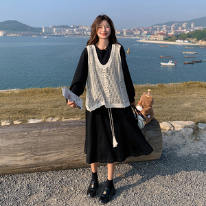 针织马甲黑色卫衣连衣裙女春秋新款设计感休闲宽松孕妇图片