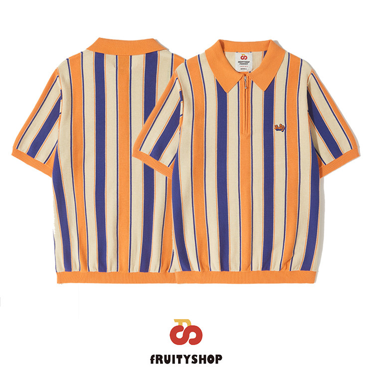 fruityshop | short-sleeved knit 复古条纹夏季短袖针织polo衫