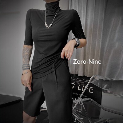 新款 Zeronine蛋爷巨显身材的百搭打底衫女 弹力高领修身短袖T恤3