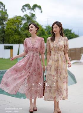 Saner正品特价百搭显瘦亚麻混纺花色连衣裙   特价不退不换