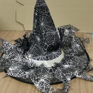 Halloween万圣节豪华纱帽宽边沿尖帽烫金黑色透明巫师纱帽魔法帽