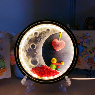 石膏画白胚浮雕LED月亮心形装饰画手工diy彩绘摆件浪漫卡通夜灯