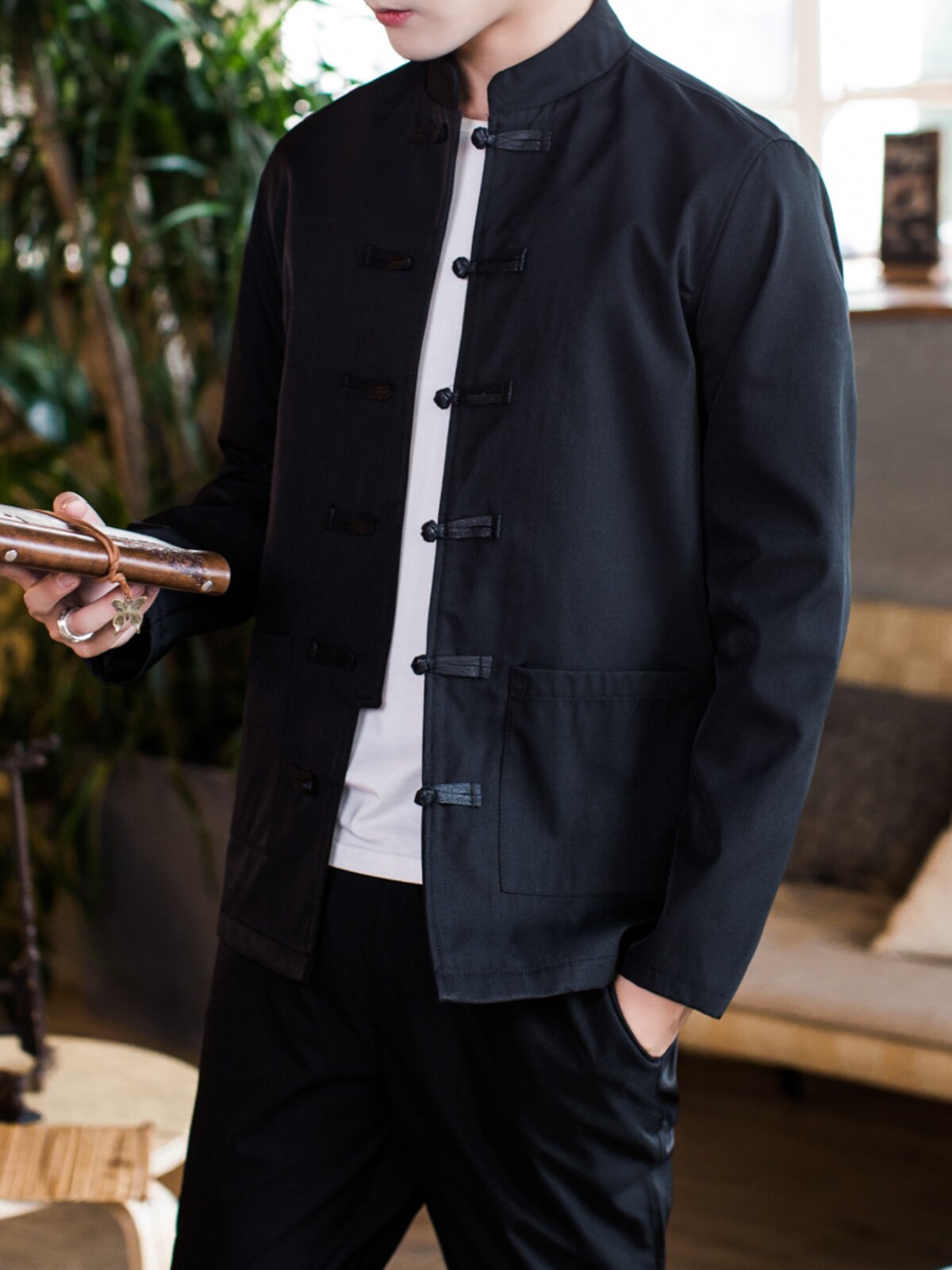 CHINESE STYLE SPRING AND AUTUMN CASUAL GOLD DRAGON EMBROIDERY BUCKLE TANG MENS JACKET CHINESE RETRO PLUS SIZE FLIP SLEEVE STAND-UP COLLAR JACKET