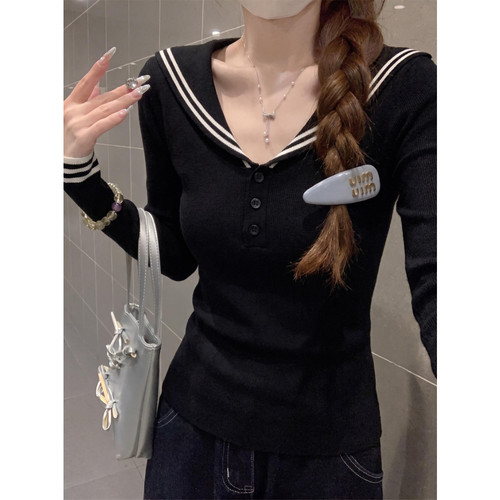 【安迪绒洗水】学院风海军领黑色长袖针织衫女早秋显瘦减龄打底上