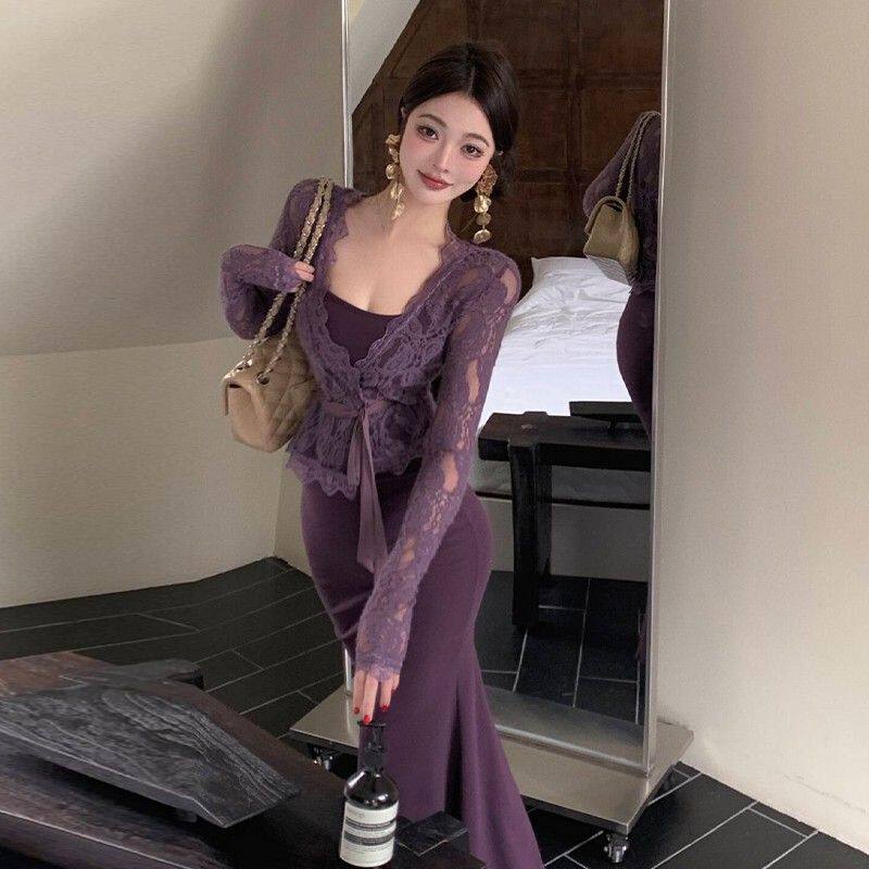 紫色蕾丝开衫修身包臀鱼尾吊带连衣裙两件套装御姐风情万种的裙子