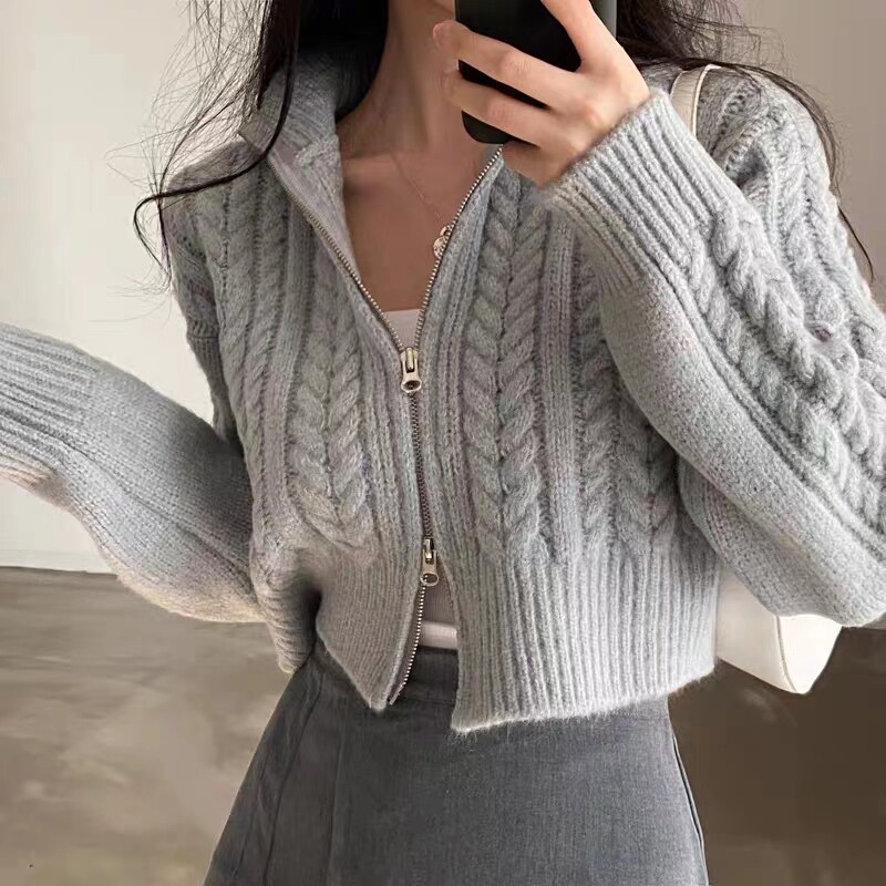 品牌折扣女装专柜撤柜尾货清仓学生双拉链麻花毛衣外套女针织开衫