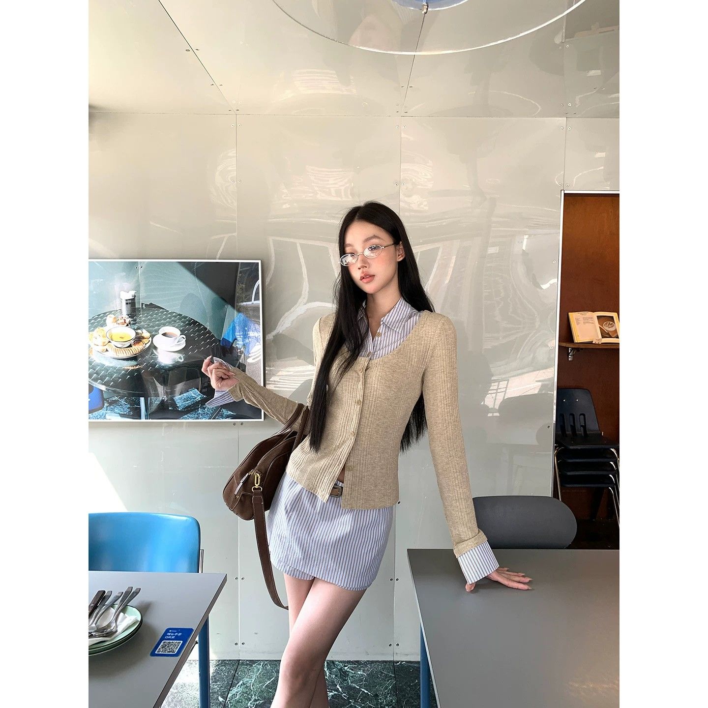 韩系假两件针织衬衫女拼接条纹翻领长袖修身短款辣妹叠穿开衫上衣