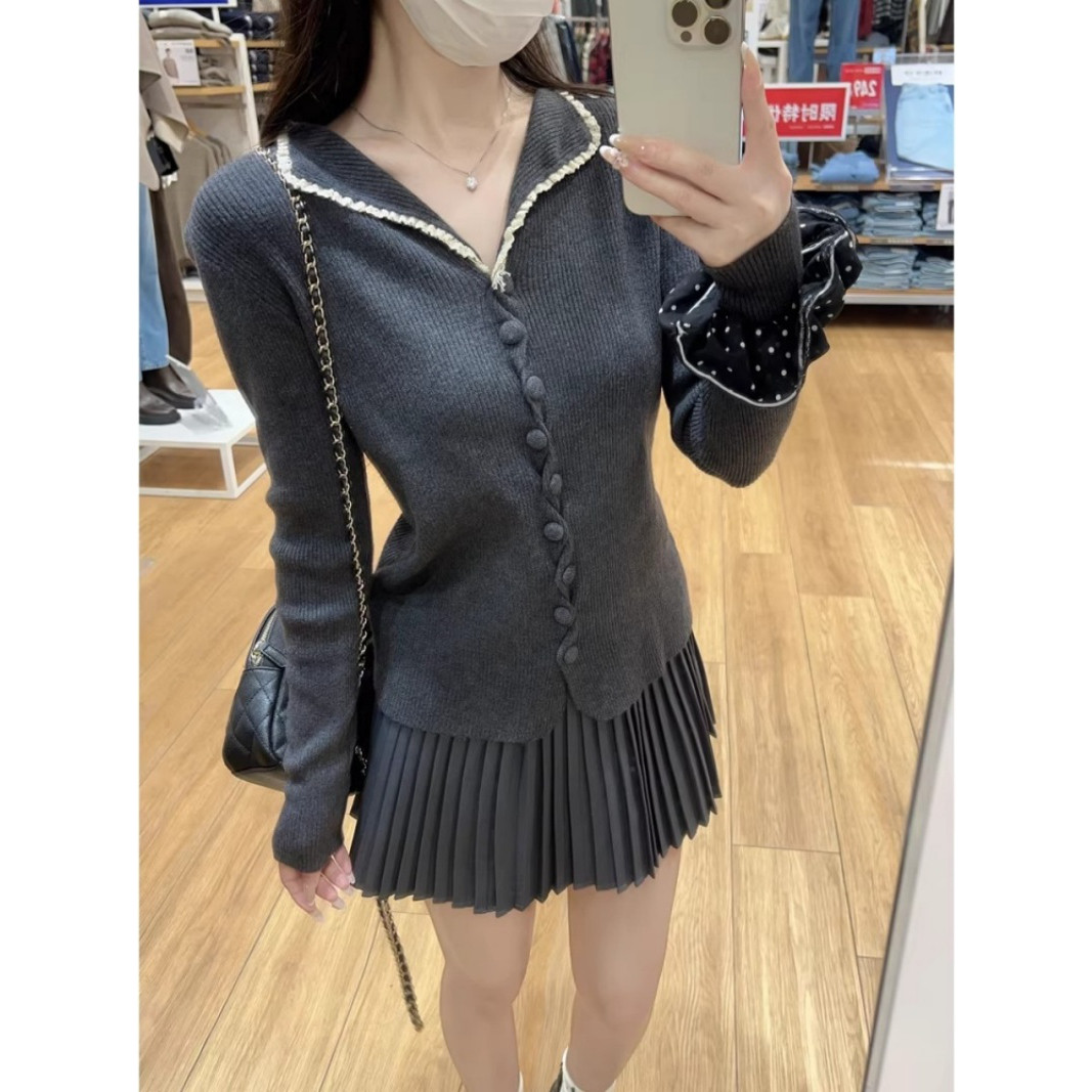 【安迪绒洗水】韩版翻领蕾丝边纽扣针织衫女秋新款甜美修身毛衣