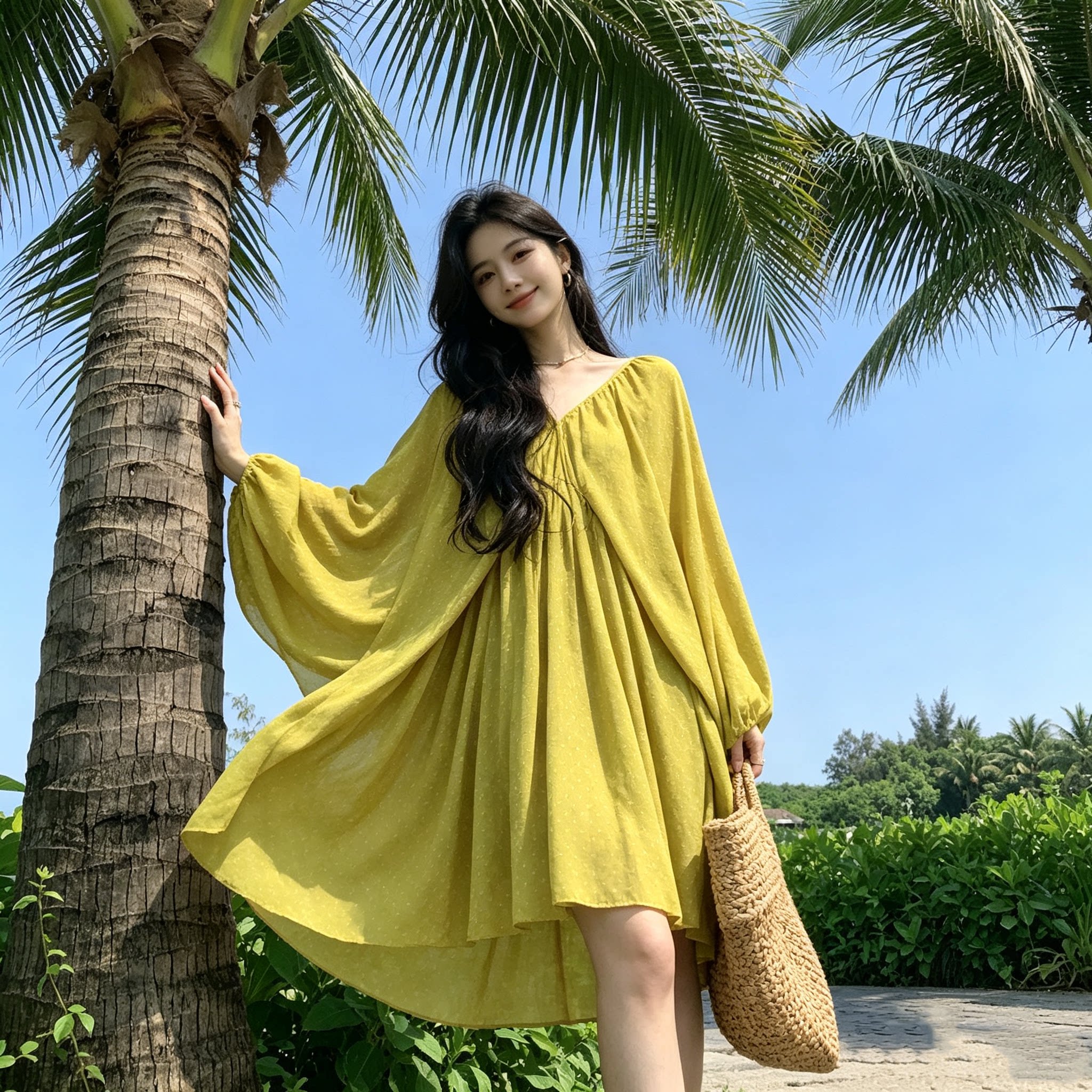 夏日度假V领灯笼袖小个子连衣裙