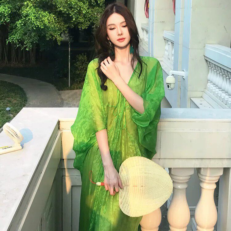 品牌折扣女装专柜撤柜V领连衣裙蝙蝠袖轻薄透视衬衫裙海边度假裙