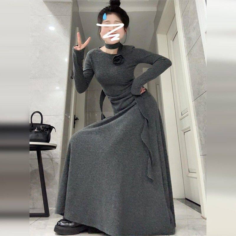 韩系挂脖针织连衣裙子女秋冬季2026新款小个子高级感早秋套装长裙