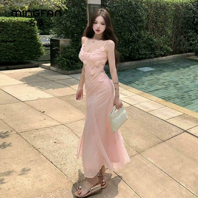 2026春季新款女装蕾丝吊带裙连衣裙女小个子粉色温柔度假长裙子夏