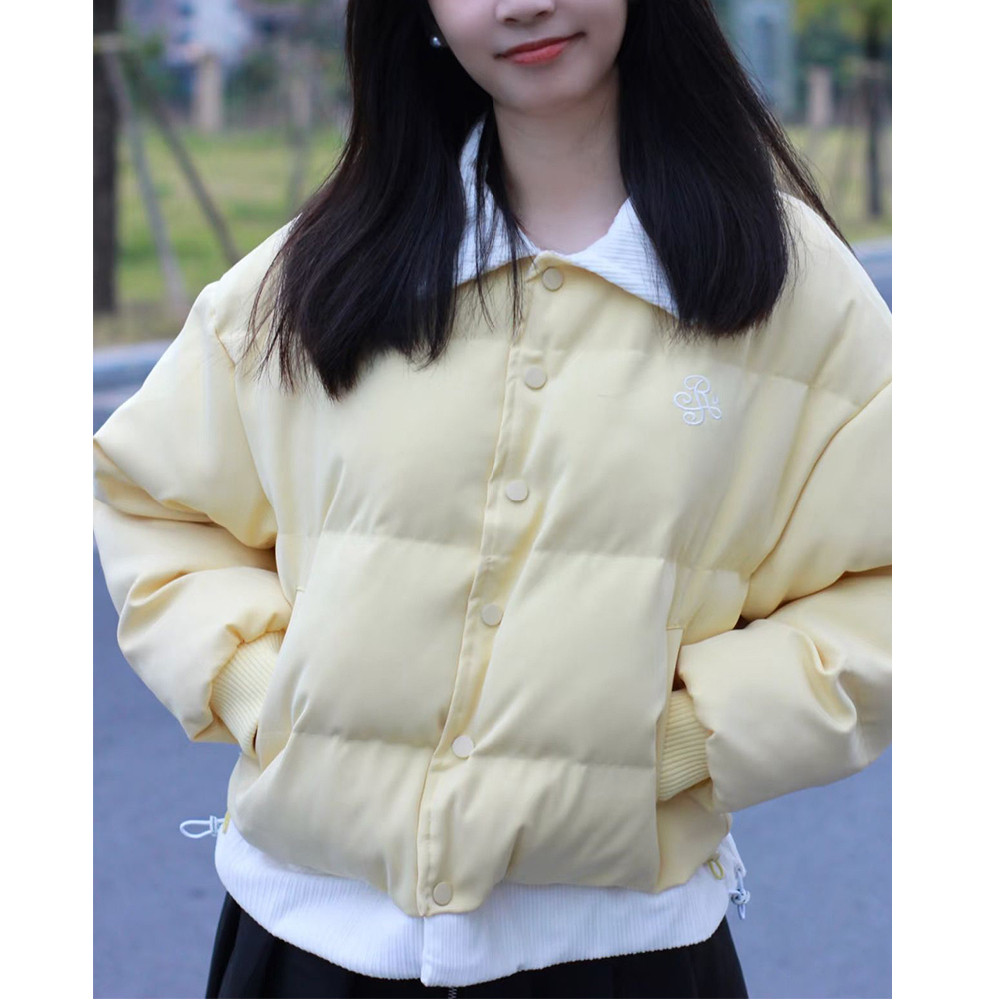 韩版温柔奶黄色羽绒棉服女冬撞色假两件翻领学生面包服现货款