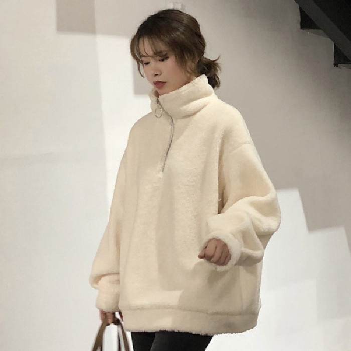 冬款韩版宽松慵懒风羊羔毛外套潮仿羊羔绒ins百搭套头卫衣女