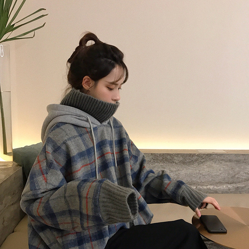 0043加绒假两件拼接格子高领连帽加厚套头卫衣女秋季新款韩版宽松