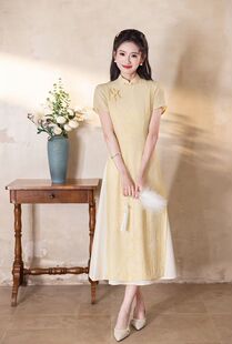 新中式国风年轻款鹅黄色奥黛旗袍2026新款夏季女送考高考小个子