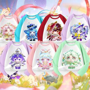 新款春秋蛋仔派对铃音卡通印花纯棉男女儿童圆领宽松休闲长袖上衣