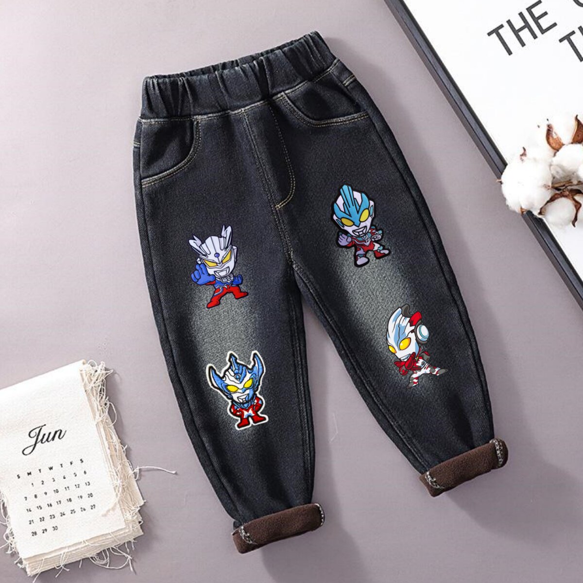 男童奥特曼牛仔裤一体加绒儿童秋冬裤子小童休闲加厚宝宝长裤棉裤