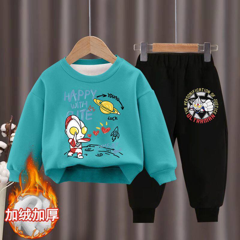 男童加绒套装冬季新款奥特曼帅气圆领长袖卫衣儿童保暖长裤两件套