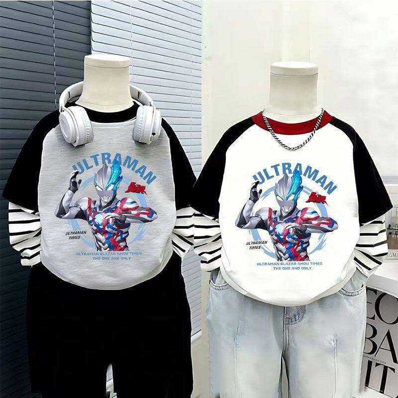 男童宝宝春秋新款卡通奥特曼假两件长袖T恤小众百搭宽松圆领上衣t