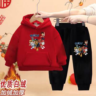 新款儿童蜘蛛侠汪汪队男孩冬季宝宝加绒保暖卫衣卡通运动两件套装