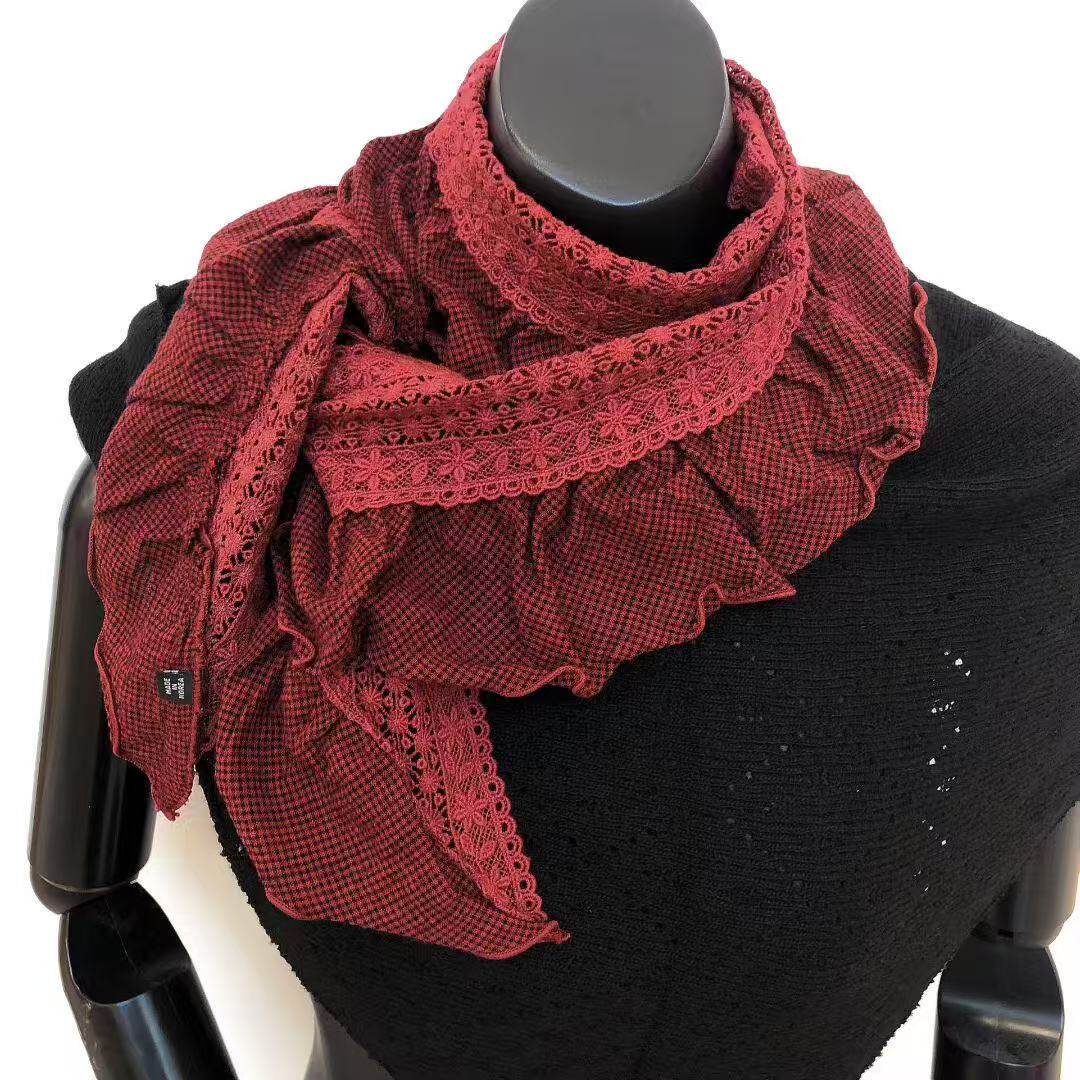 格子拼接围巾wing 东大门代购秋新款 时尚蕾丝款围脖9