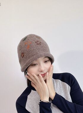 卷边 毛线帽 针织LovelyHat秋冬新款东大门代购花朵图案 女帽子 9