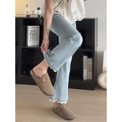 大码美式复古蕾丝边微喇牛仔裤女