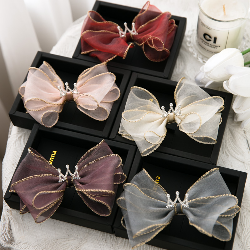 韩国儿童发夹精致雪纱蝴蝶结皇冠