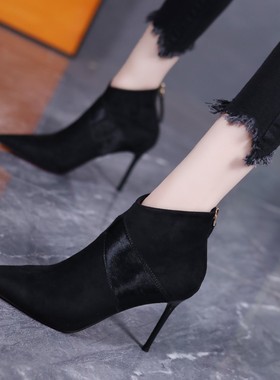 欧美尖头拼接马毛高跟短靴2025秋冬新款细跟通勤简约及踝靴瘦瘦靴